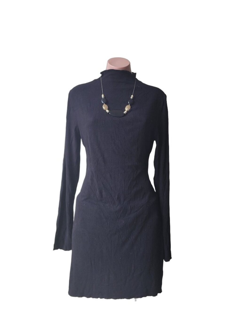 Vintage Black Ribbed Mock Neck Long Sleeve Knit Mini Dress (M)